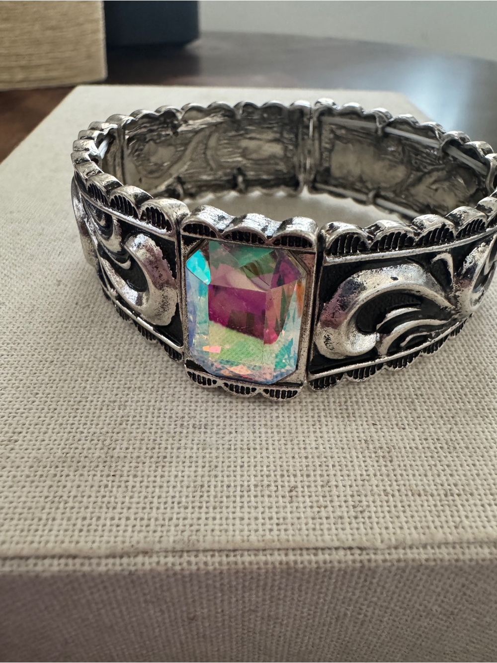 AB Crystal Stretch Bracelet Silver Tone Western Boho Statement, ATG